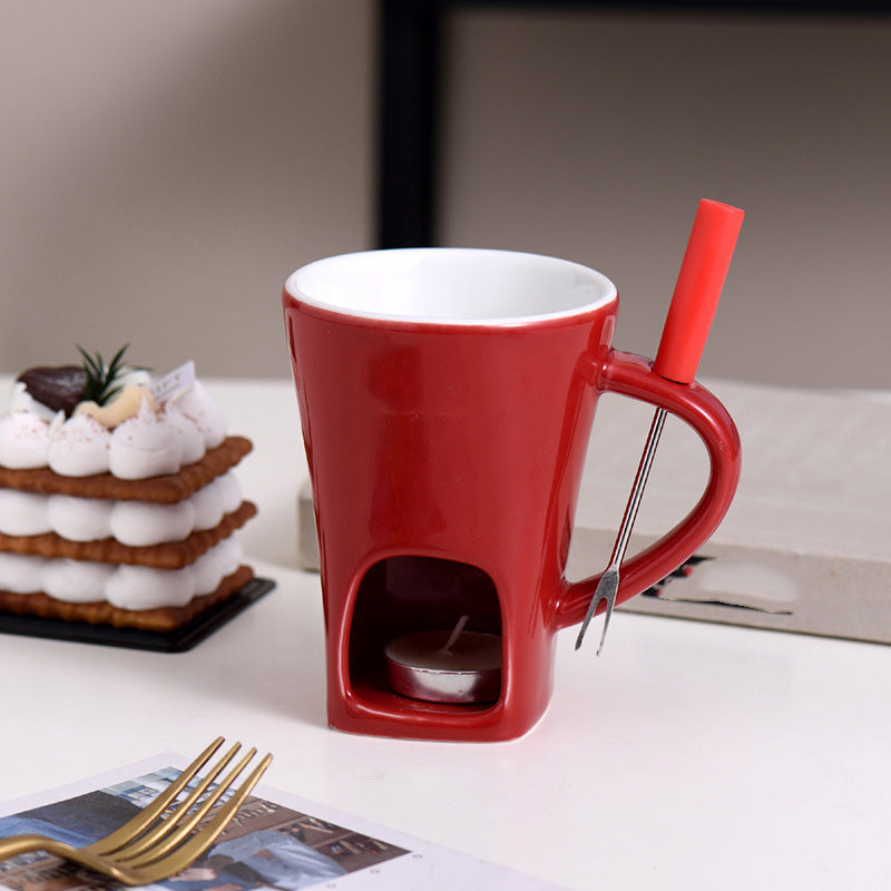 🍫 Ceramic Chocolate Fondue Mug Set with Fork - Mini Tea Light Melting Cup