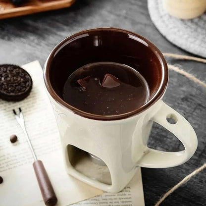 🍫 Ceramic Chocolate Fondue Mug Set with Fork - Mini Tea Light Melting Cup