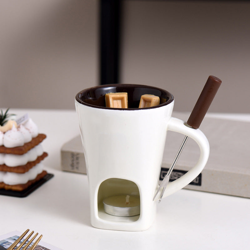 🍫 Ceramic Chocolate Fondue Mug Set with Fork - Mini Tea Light Melting Cup