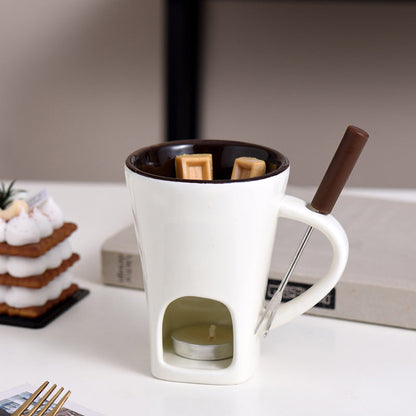 🍫 Ceramic Chocolate Fondue Mug Set with Fork - Mini Tea Light Melting Cup