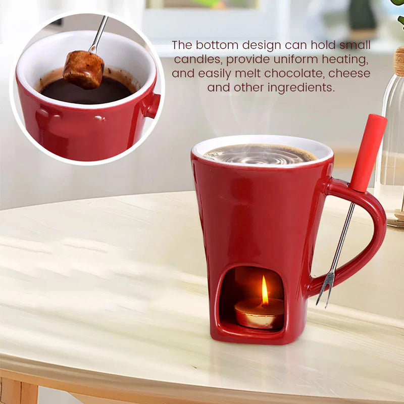 🍫 Ceramic Chocolate Fondue Mug Set with Fork - Mini Tea Light Melting Cup