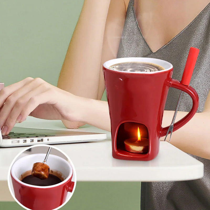 🍫 Ceramic Chocolate Fondue Mug Set with Fork - Mini Tea Light Melting Cup