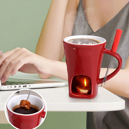 🍫 Ceramic Chocolate Fondue Mug Set with Fork - Mini Tea Light Melting Cup