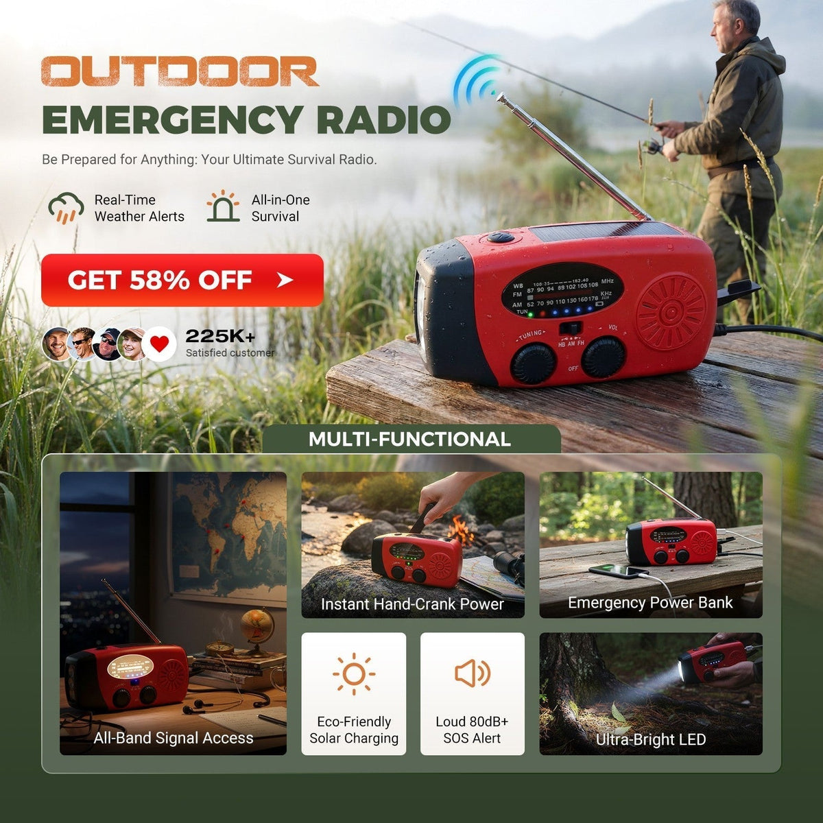 📻 Portable Solar Emergency Weather Radio - Hand Crank & Power Bank ⚡