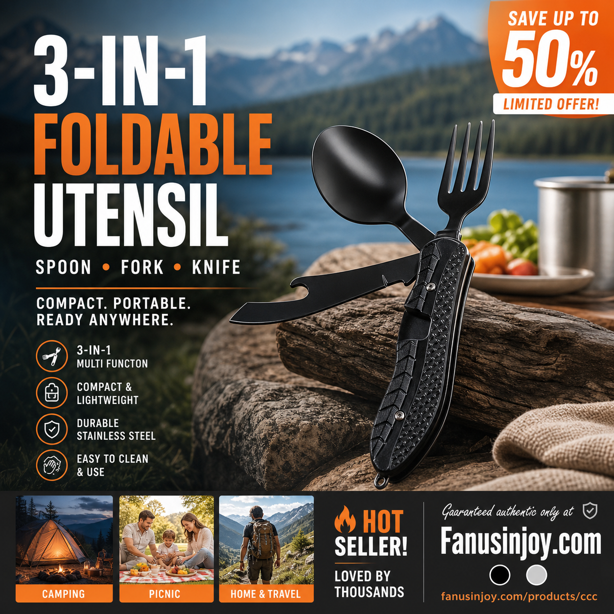 🏕️ 4-In-1 Outdoor Folding Multifunctional Tableware – Detachable Camping Utensil Set ✨