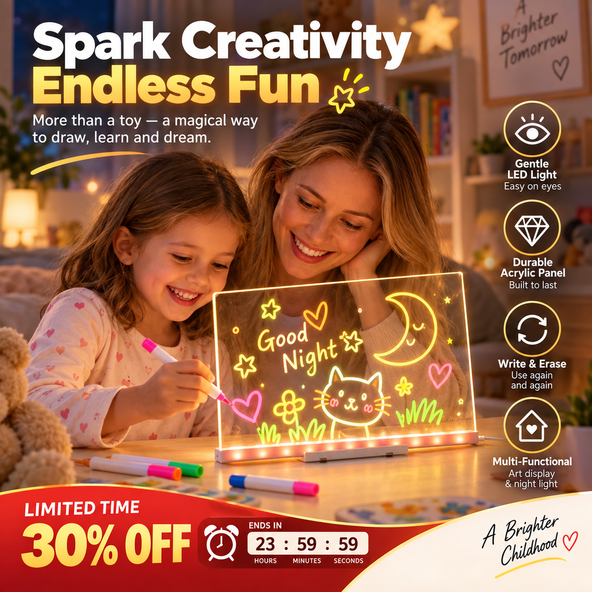🎨 LED Drawing Board for Kids – Erasable Acrylic Art Board ✨
