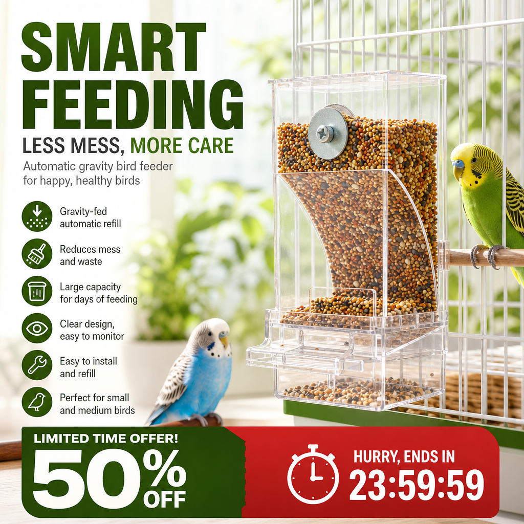 🐦 No-Mess Automatic Bird Feeder - Gravity Seed Dispenser for Cage 🌾